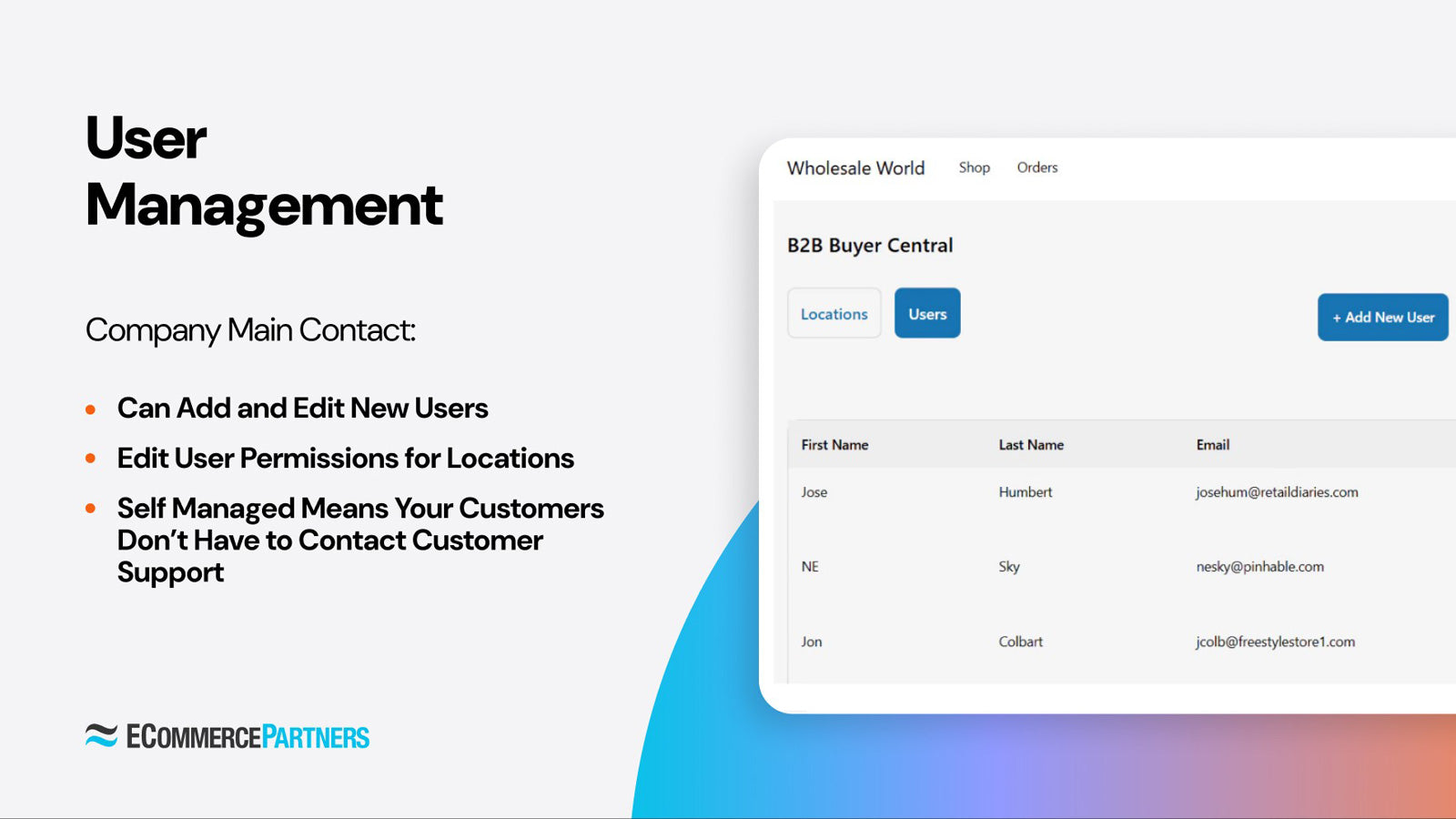 B2B Buyer Portal user management interface showing the Users tab with add new user functionality