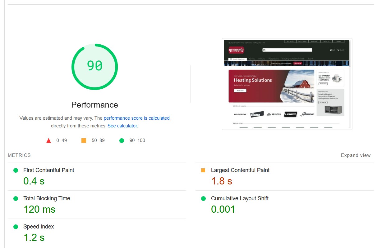 QC Supply Google PageSpeed desktop score of 94 after Magento to Shopify Plus migration